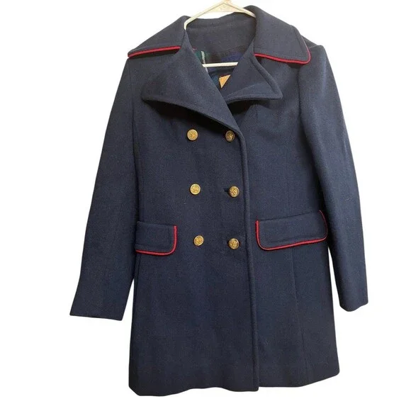 Vintage Union Made Navy Coat 1960s 70s Mod Blue Double Breasted Overcoat Twee - Picture 3 of 8
